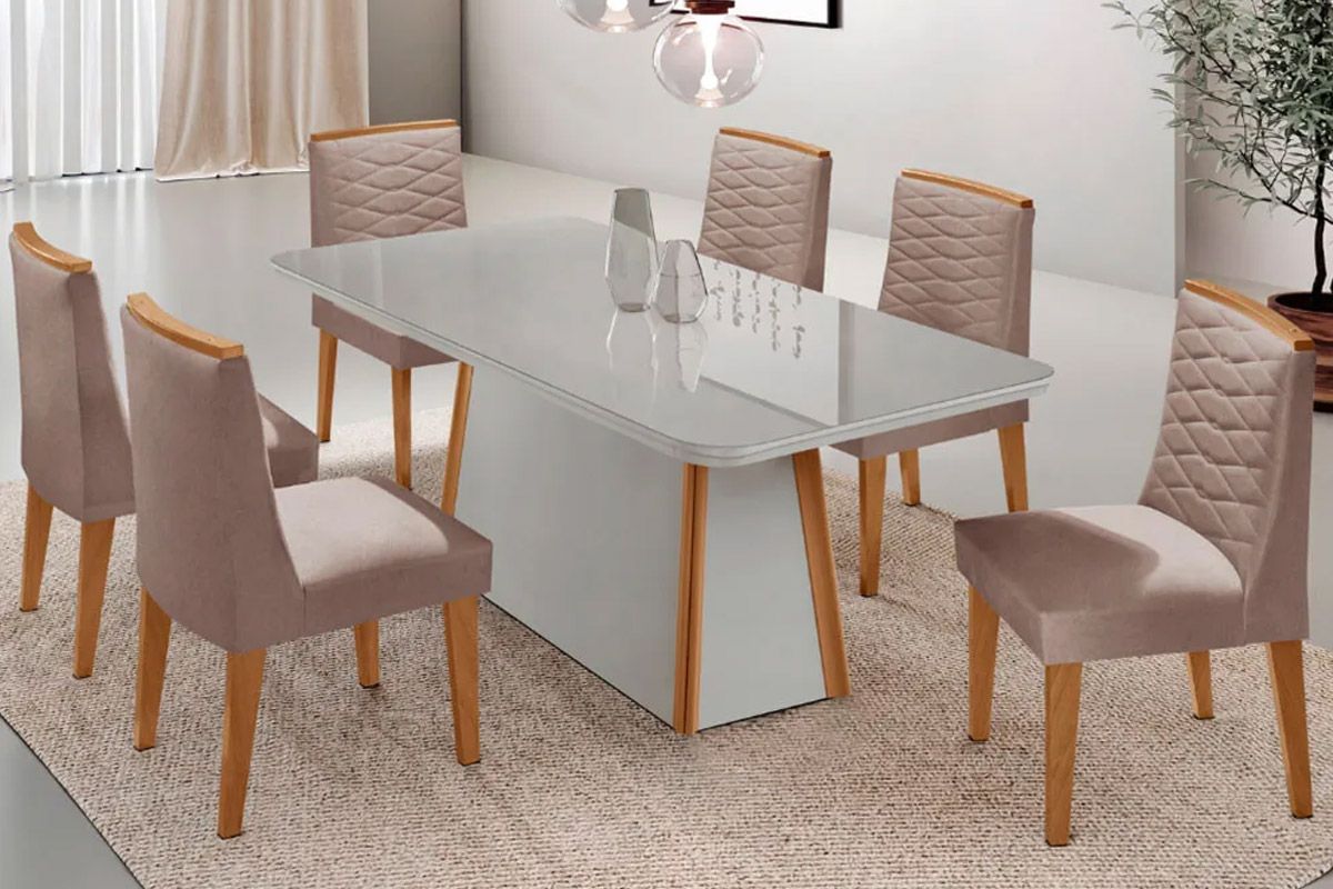 Sala Jantar Mesa Tilia c/ Tampo Madeirado c/ Vidro Canto Curvo 180x90cm e 6 Cadeiras Maldivas - Rufato