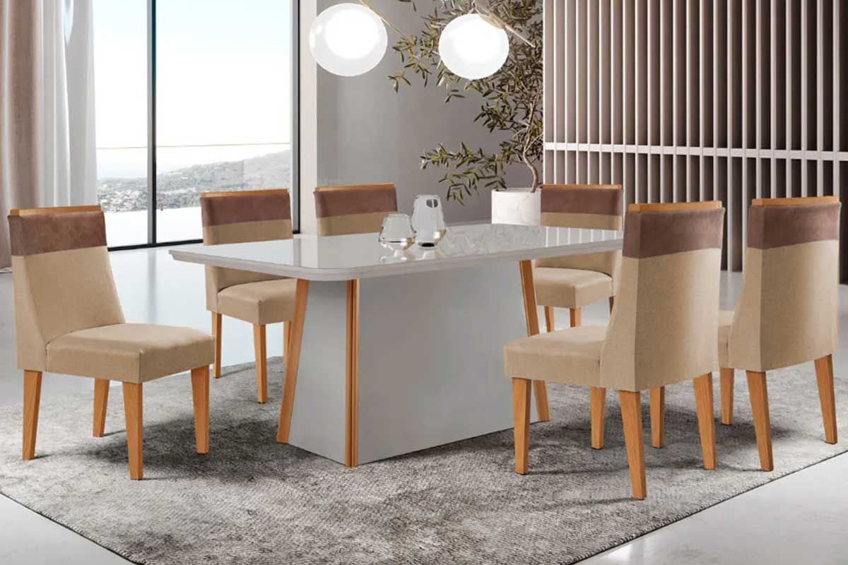 Sala Jantar Mesa Tilia Tampo c/ Vidro Curvo 180cm+6 Cadeiras Jaspe - Rufato