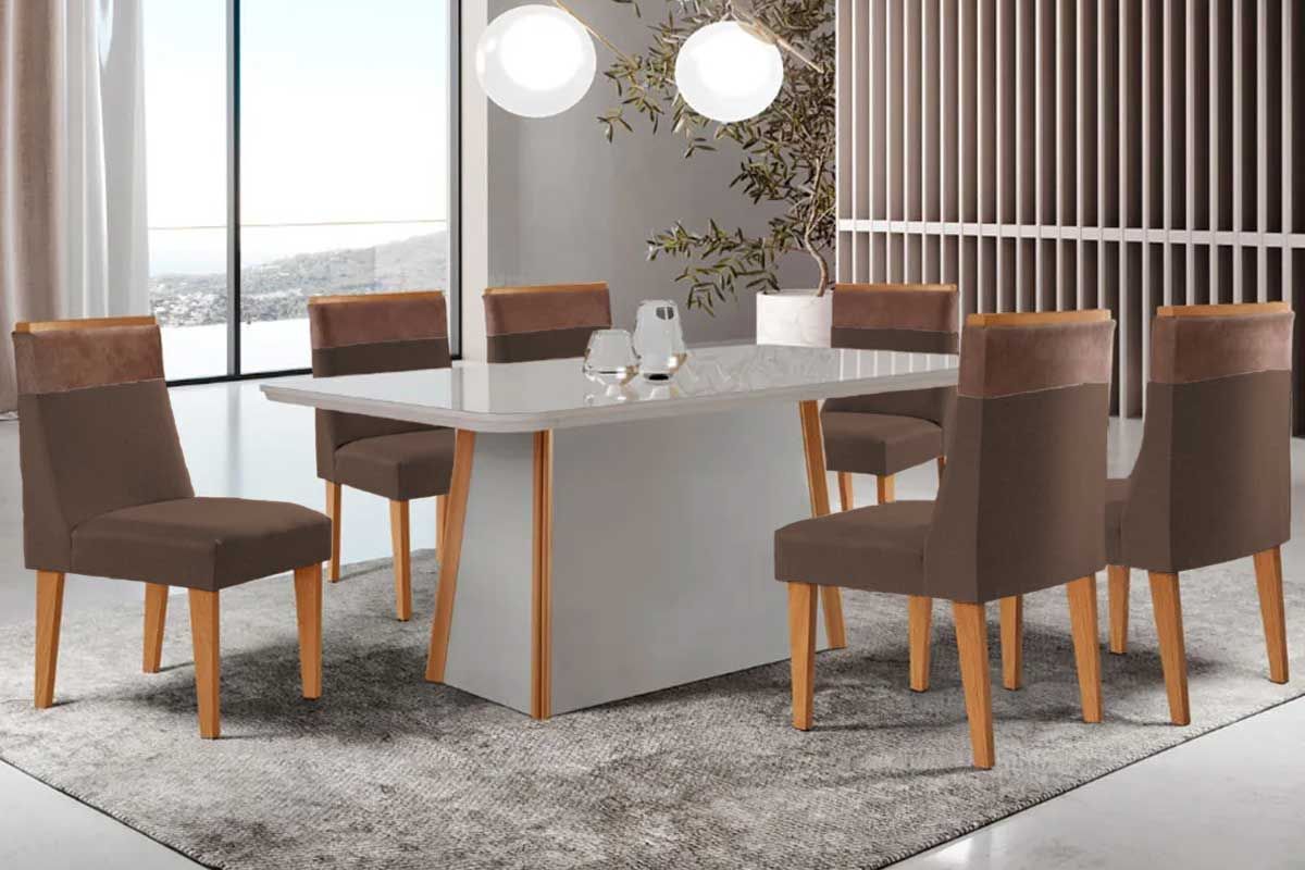 Sala Jantar Mesa Tilia Tampo c/ Vidro Curvo 180cm+6 Cadeiras Jaspe - Rufato