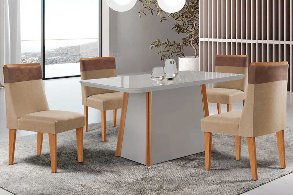Sala Jantar Mesa Tilia Tampo c/ Vidro Curvo 120cm+4 Cadeiras Jaspe - Rufato
