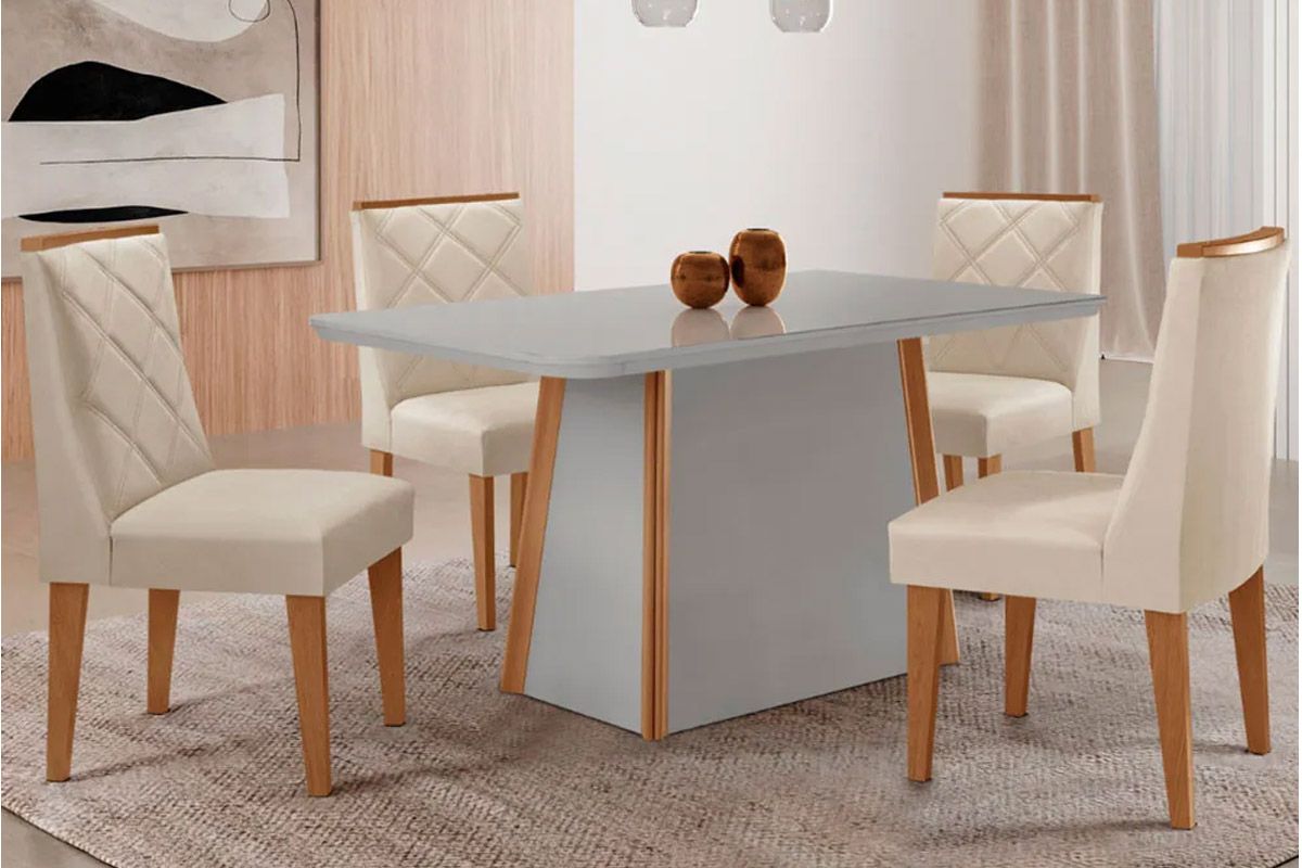 Sala Jantar Mesa Tilia c/ Tampo Madeirado c/ Vidro Canto Curvo 120x80cm e 4 Cadeiras Pietá - Rufato
