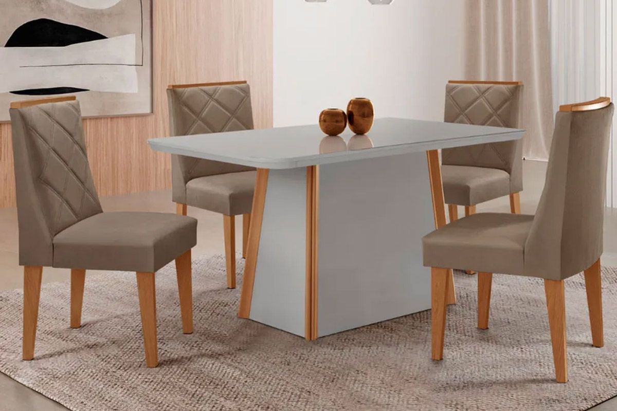 Sala Jantar Mesa Tilia c/ Tampo Madeirado c/ Vidro Canto Curvo 120x80cm e 4 Cadeiras Pietá - Rufato