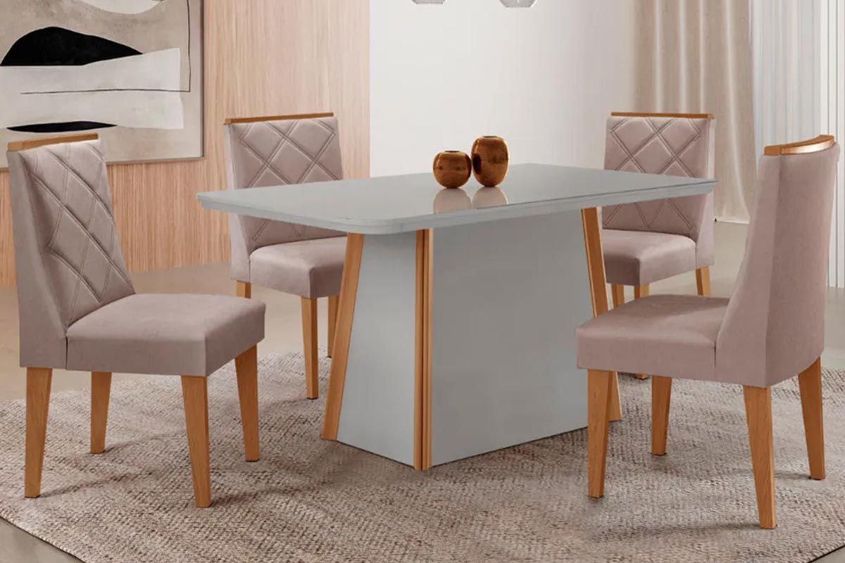Sala Jantar Mesa Tilia c/ Tampo Madeirado c/ Vidro Canto Curvo 120x80cm e 4 Cadeiras Pietá - Rufato