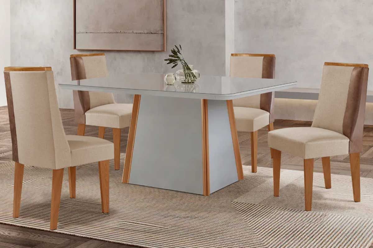 Sala Jantar Mesa Tilia Tampo c/ Vidro Curvo 120cm+4 Cadeiras Tilia - Rufato