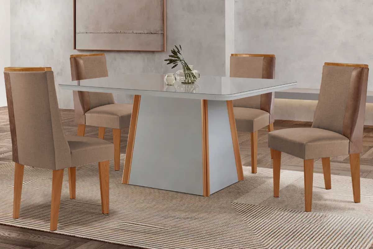 Sala Jantar Mesa Tilia Tampo c/ Vidro Curvo 120cm+4 Cadeiras Tilia - Rufato