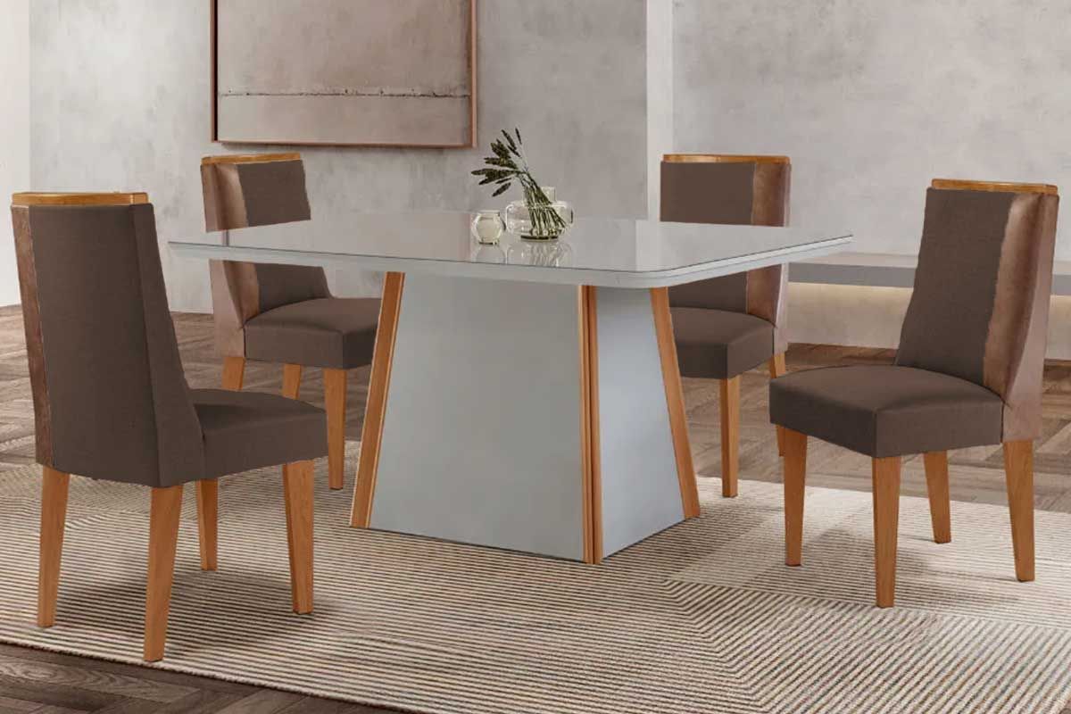 Sala Jantar Mesa Tilia Tampo c/ Vidro Curvo 120cm+4 Cadeiras Tilia - Rufato