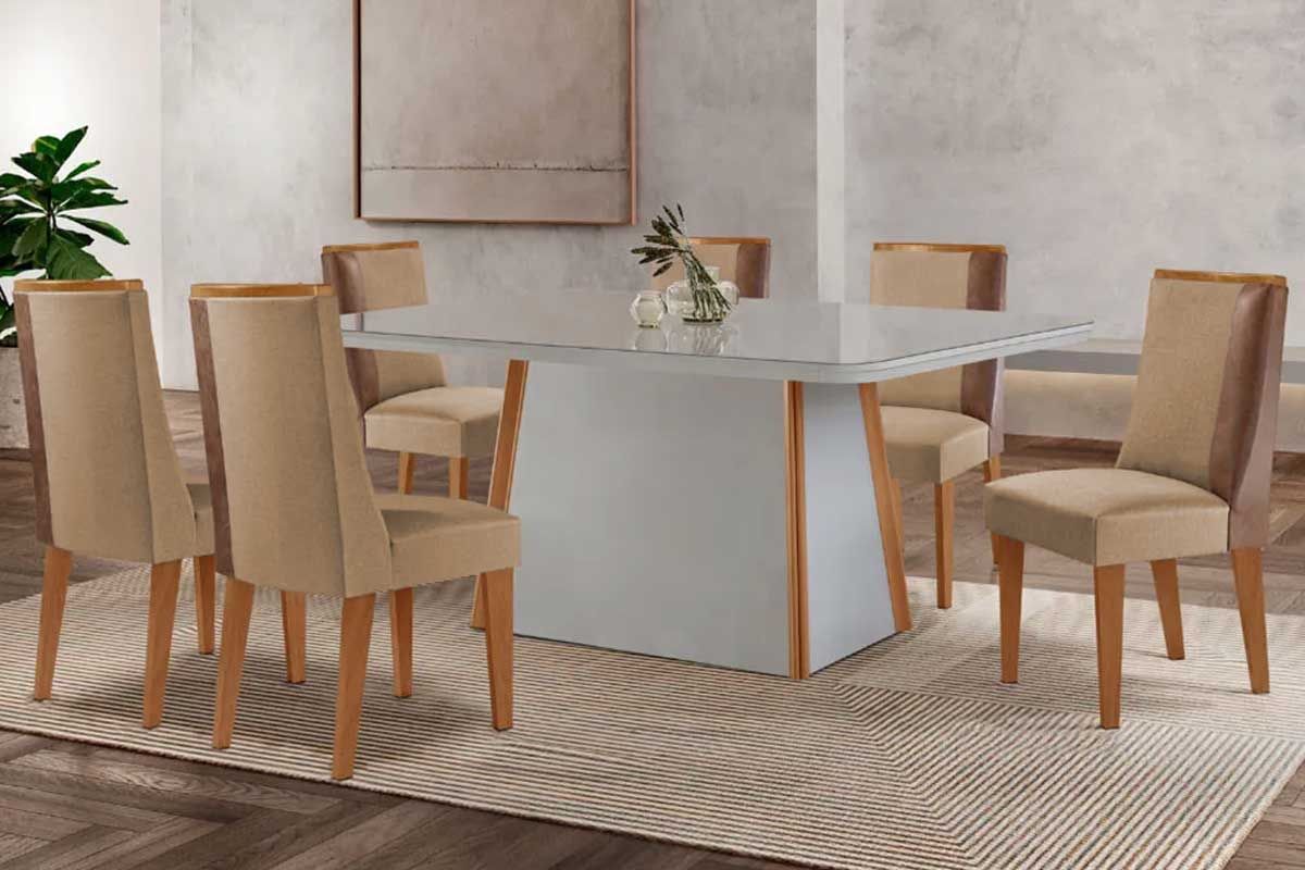 Sala Jantar Mesa Tilia Tampo c/ Vidro Curvo 180cm+6 Cadeiras Tilia - Rufato