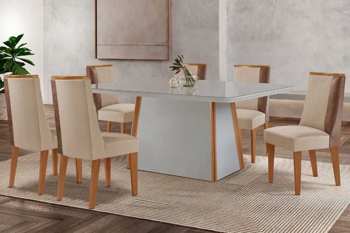 Sala Jantar Mesa Tilia Tampo c/ Vidro Curvo 180cm+6 Cadeiras Tilia - Rufato