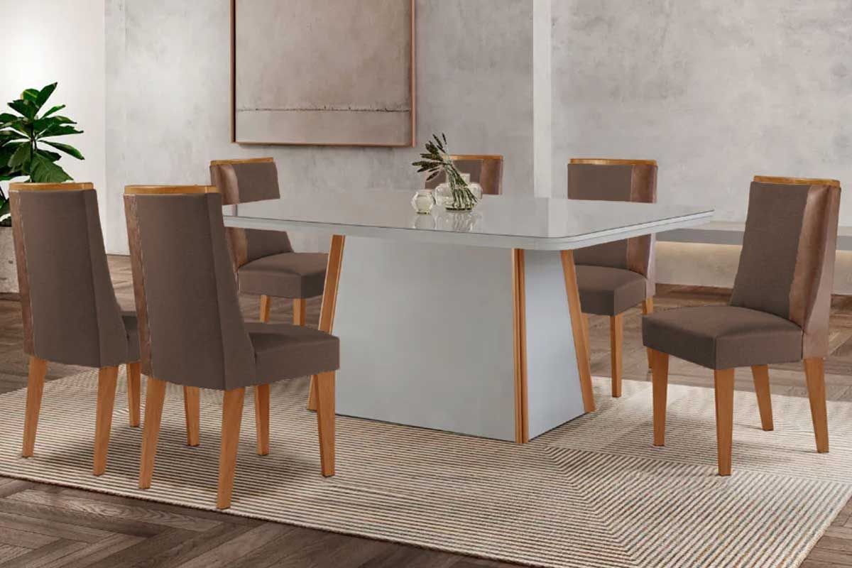 Sala Jantar Mesa Tilia Tampo c/ Vidro Curvo 180cm+6 Cadeiras Tilia - Rufato
