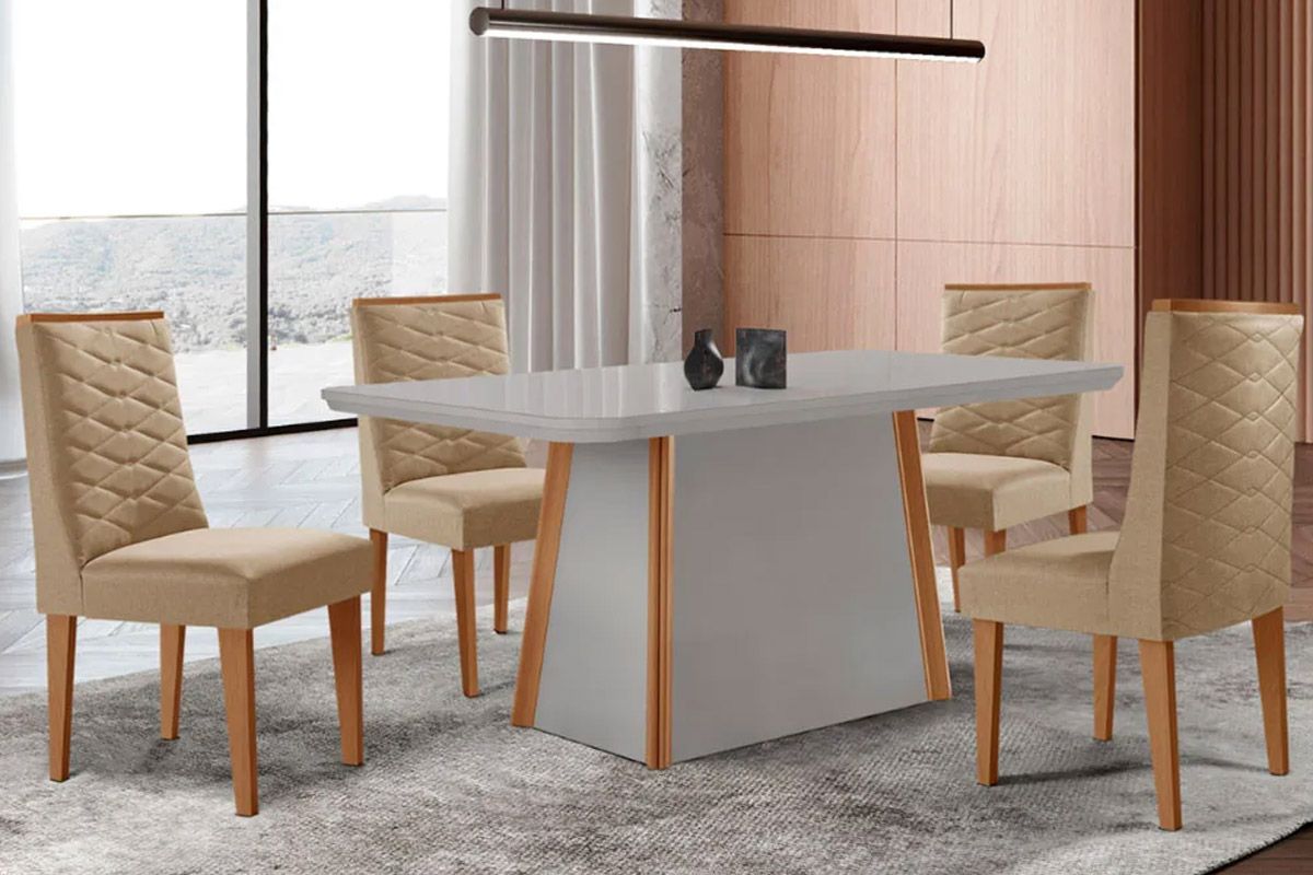 Sala Jantar Mesa Tilia c/ Tampo Madeirado c/ Vidro Canto Curvo 120x80cm e 4 Cadeiras Dafne - Rufato