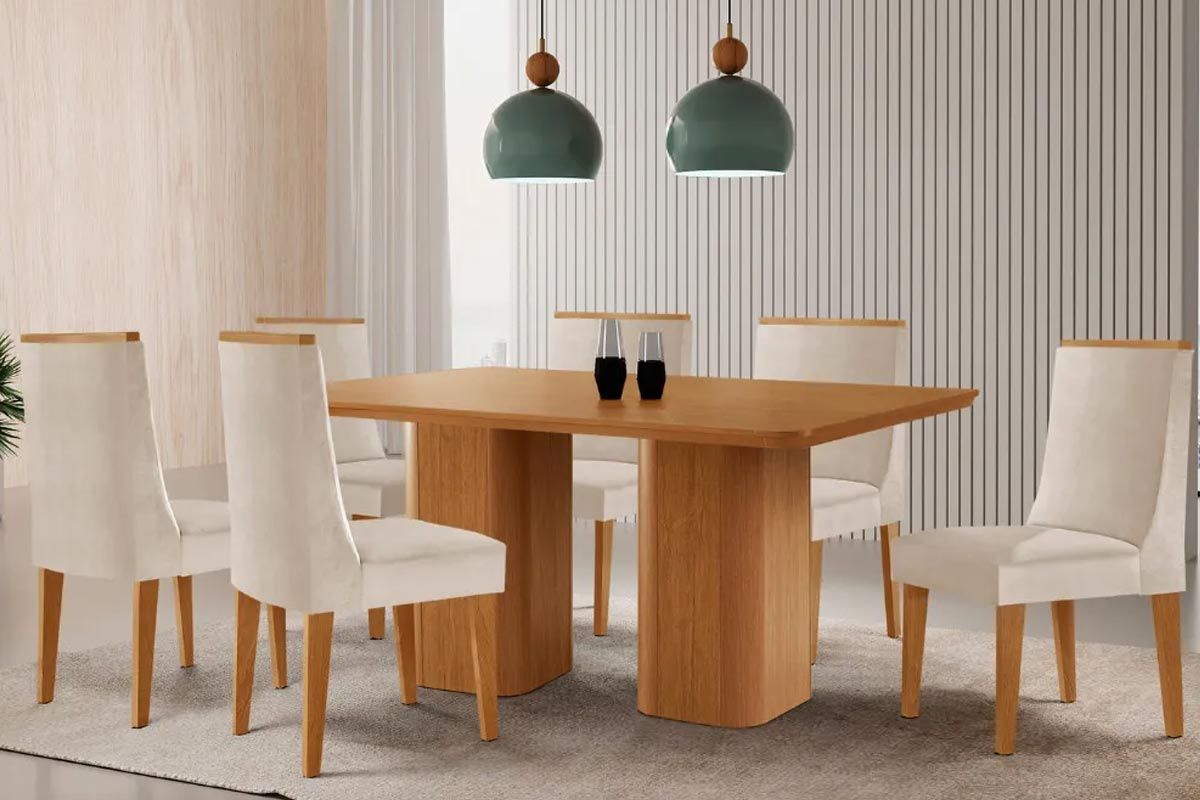 Sala Jantar Mesa Maldivas Tampo Curvo 180cm+6 Cadeiras Dakota Madeira - Rufato