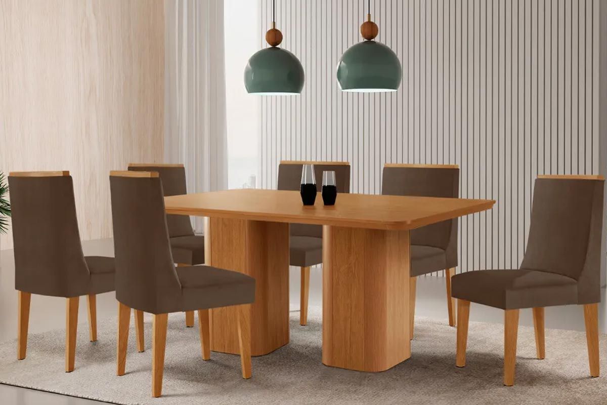 Sala Jantar Mesa Maldivas Tampo Curvo 180cm+6 Cadeiras Dakota Madeira - Rufato