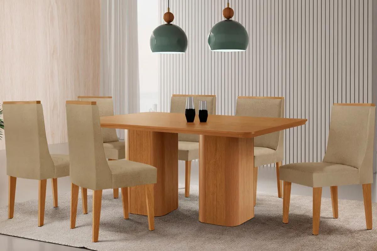Sala Jantar Mesa Maldivas Tampo Curvo 180cm+6 Cadeiras Dakota Madeira - Rufato