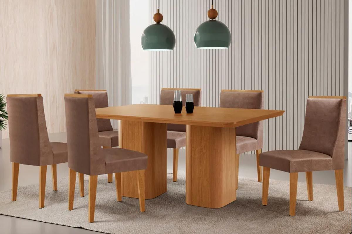 Sala Jantar Mesa Maldivas Tampo Curvo 180cm+6 Cadeiras Dakota Madeira - Rufato