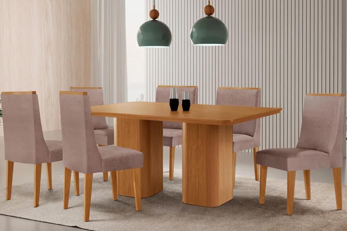 Sala Jantar Mesa Maldivas Tampo Curvo 180cm+6 Cadeiras Dakota Madeira - Rufato