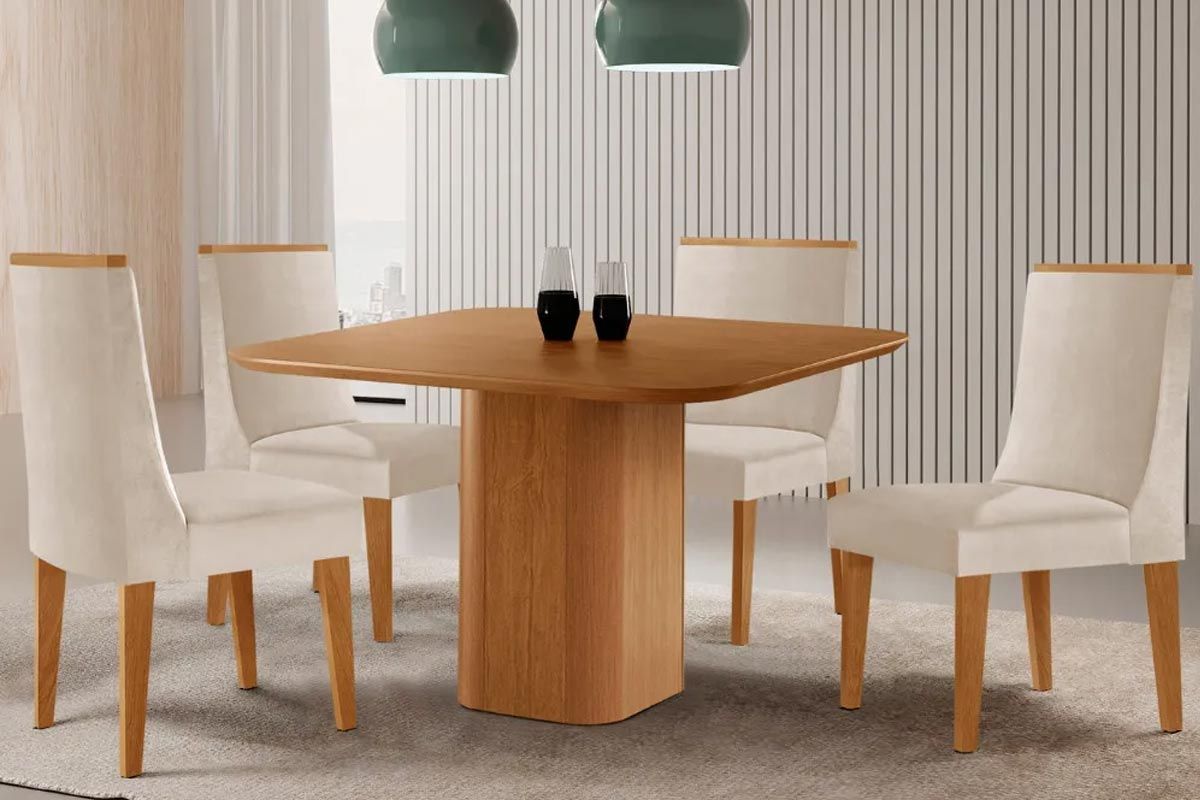 Sala Jantar Mesa Maldivas Tampo Curvo 90cm+4 Cadeiras Dakota Madeira - Rufato