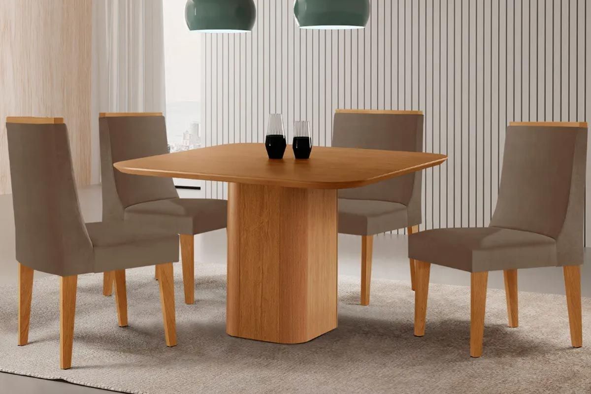 Sala Jantar Mesa Maldivas Tampo Curvo 90cm+4 Cadeiras Dakota Madeira - Rufato