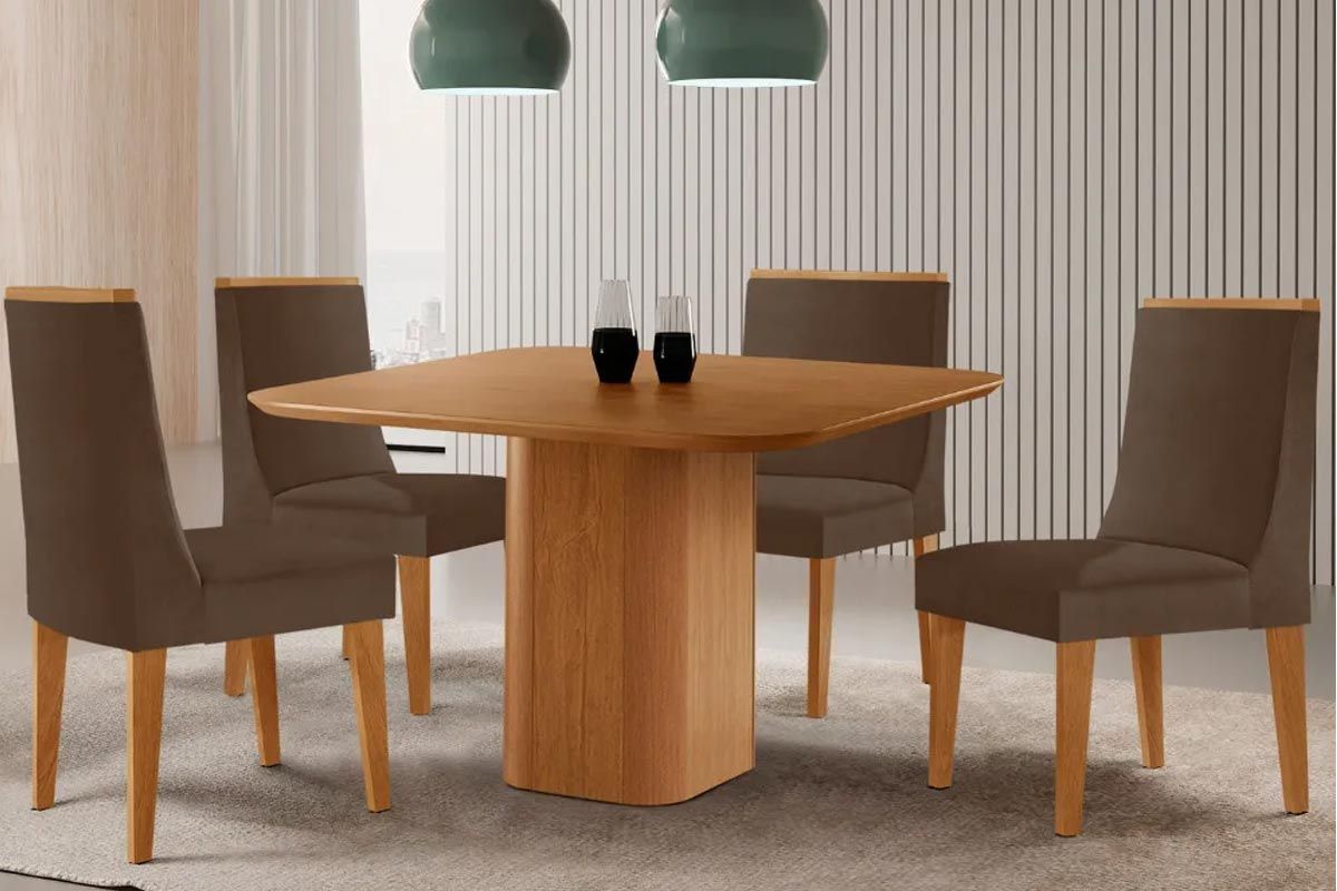 Sala Jantar Mesa Maldivas Tampo Curvo 90cm+4 Cadeiras Dakota Madeira - Rufato