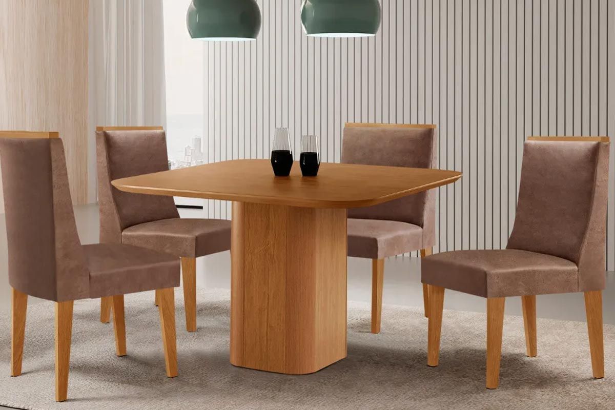 Sala Jantar Mesa Maldivas Tampo Curvo 90cm+4 Cadeiras Dakota Madeira - Rufato