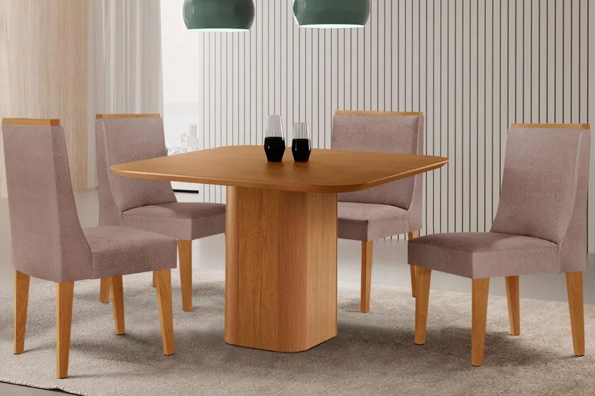 Sala Jantar Mesa Maldivas Tampo Curvo 90cm+4 Cadeiras Dakota Madeira - Rufato