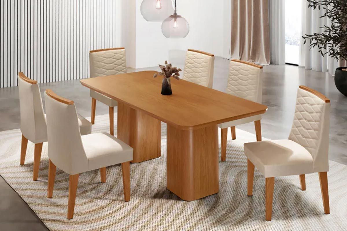 Sala Jantar Mesa Maldivas Tampo Curvo 180cm+6 Cadeiras Maldivas Madeira - Rufato