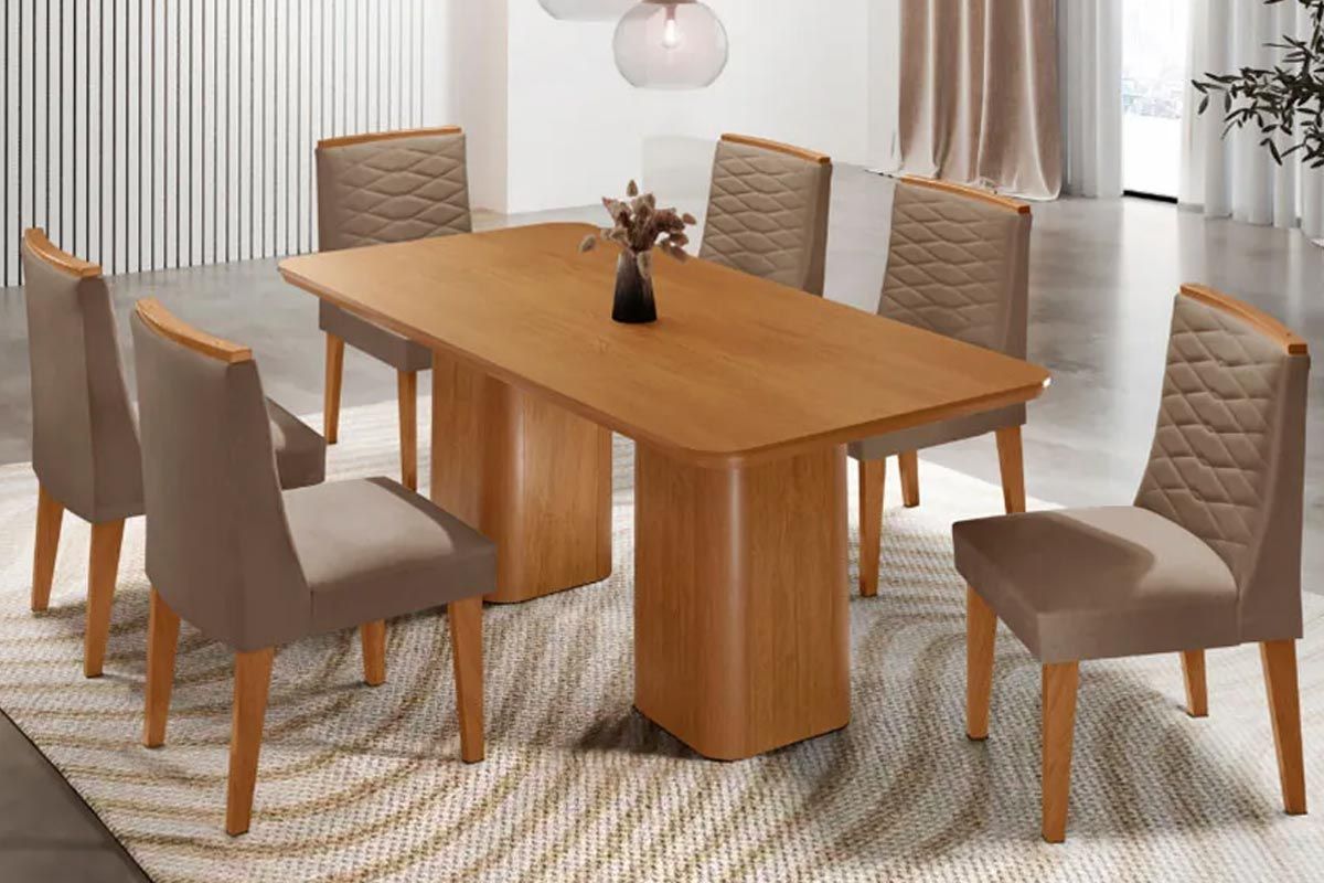 Sala Jantar Mesa Maldivas Tampo Curvo 180cm+6 Cadeiras Maldivas Madeira - Rufato