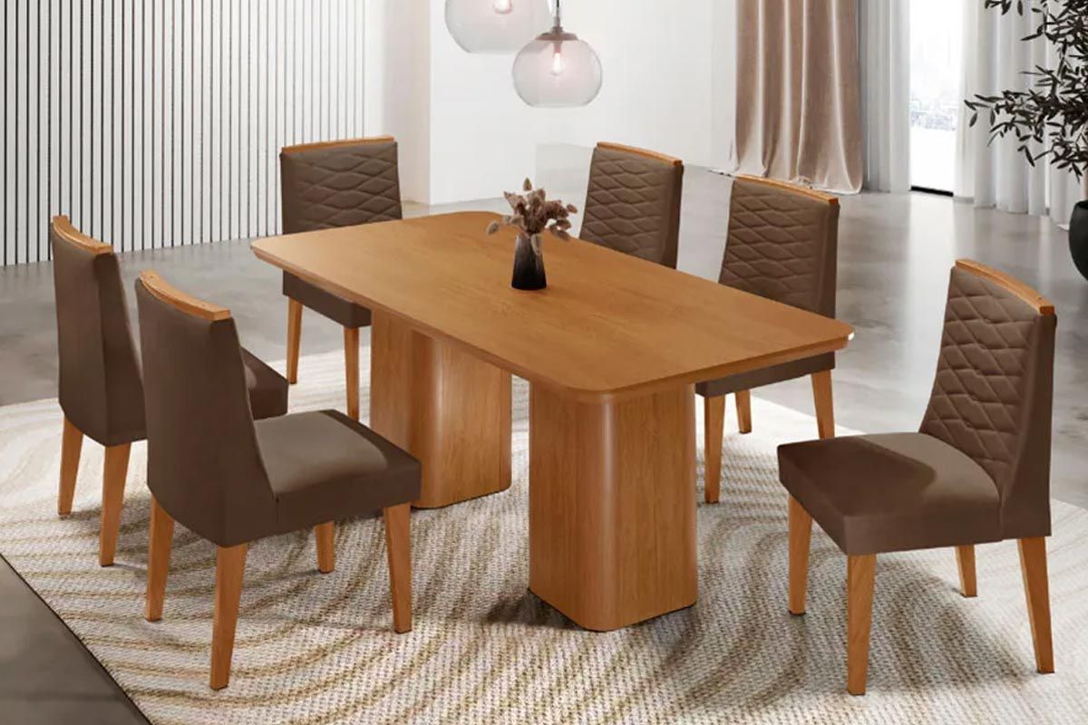 Sala Jantar Mesa Maldivas Tampo Curvo 180cm+6 Cadeiras Maldivas Madeira - Rufato