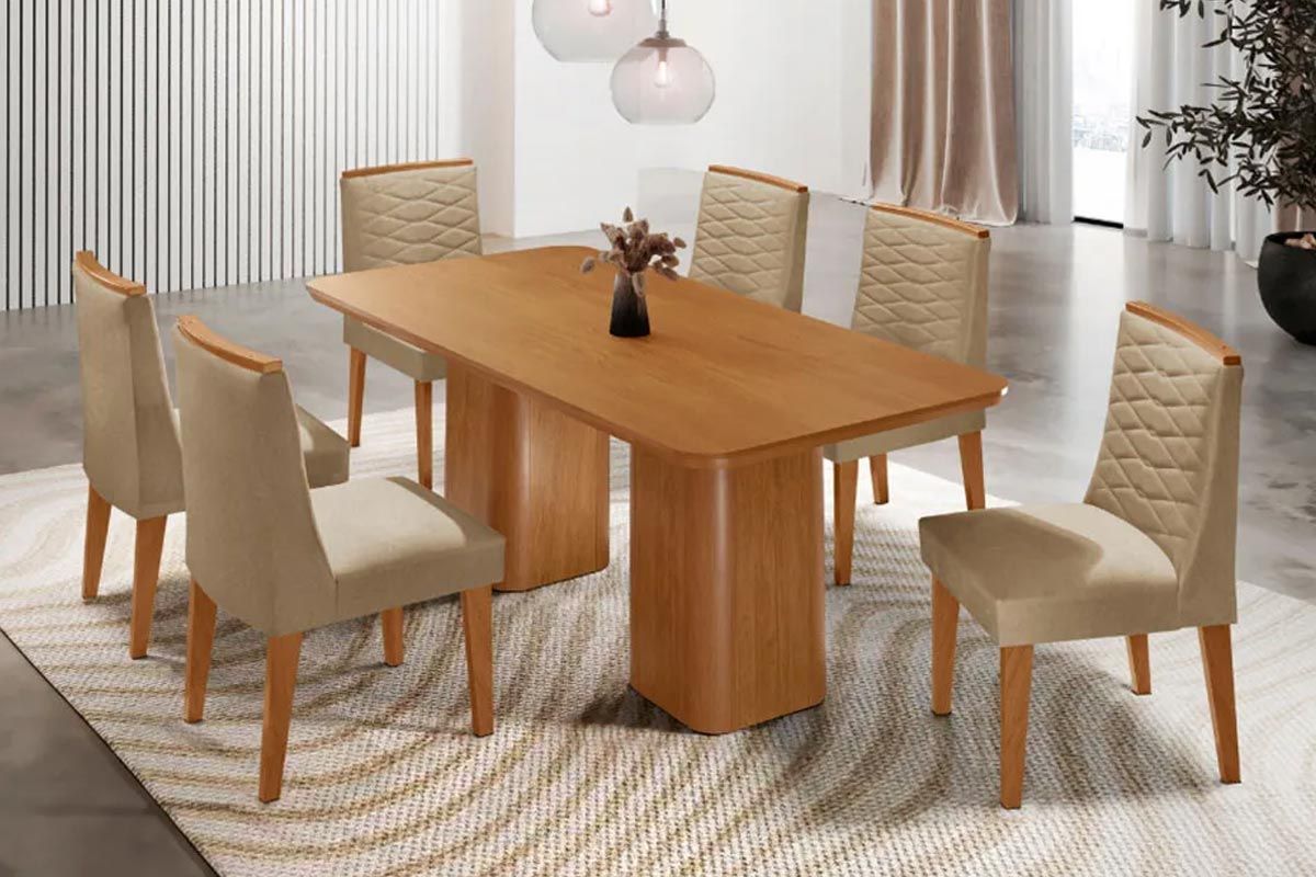 Sala Jantar Mesa Maldivas Tampo Curvo 180cm+6 Cadeiras Maldivas Madeira - Rufato