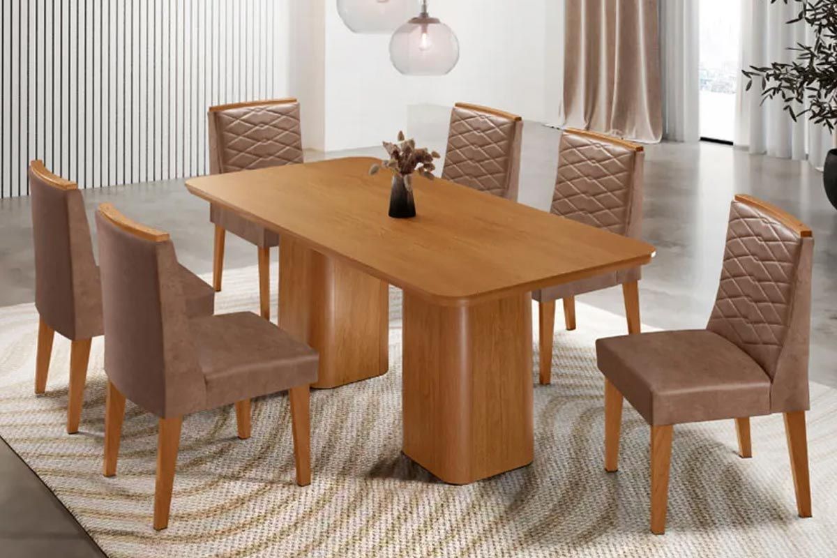 Sala Jantar Mesa Maldivas Tampo Curvo 180cm+6 Cadeiras Maldivas Madeira - Rufato