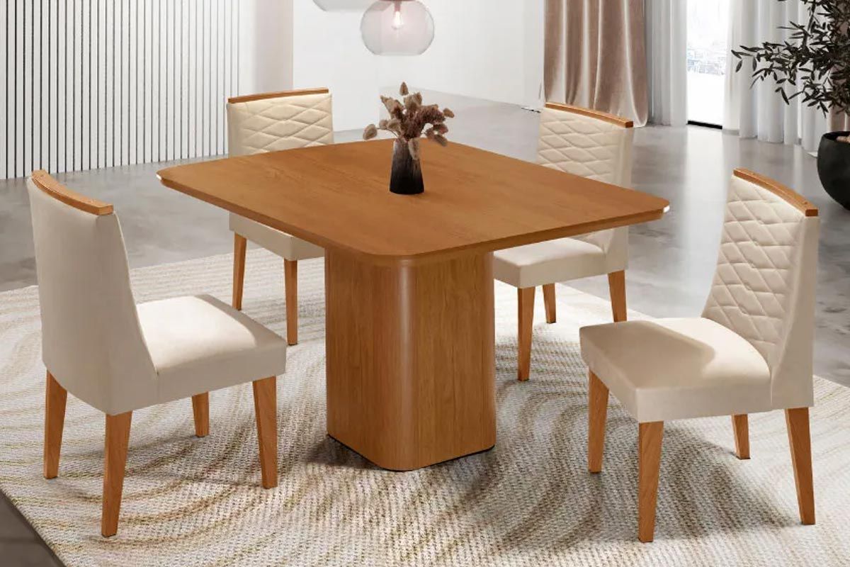 Sala Jantar Mesa Maldivas Tampo Curvo 90cm+4 Cadeiras Maldivas Madeira - Rufato