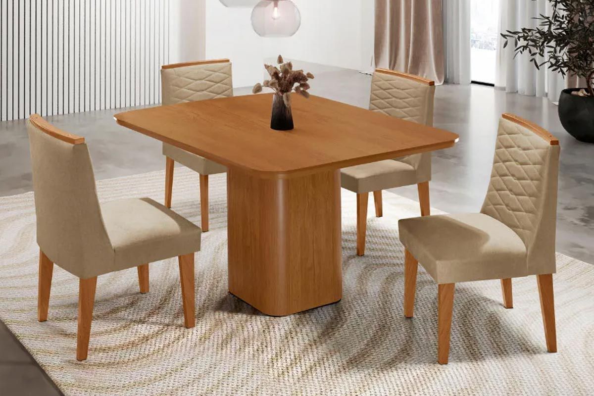 Sala Jantar Mesa Maldivas Tampo Curvo 90cm+4 Cadeiras Maldivas Madeira - Rufato