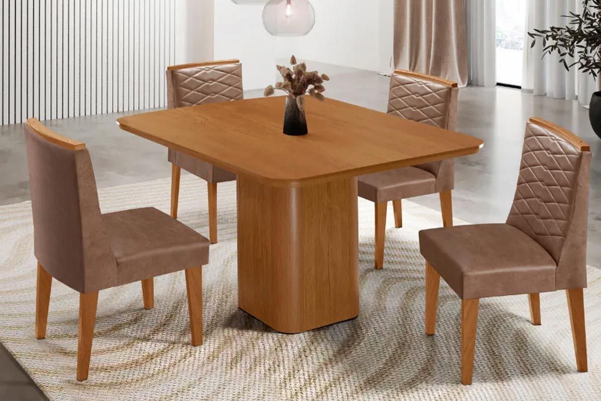 Sala Jantar Mesa Maldivas Tampo Curvo 90cm+4 Cadeiras Maldivas Madeira - Rufato