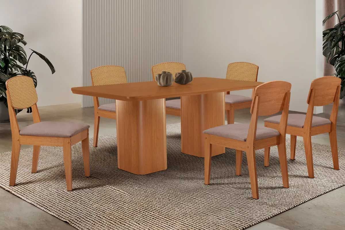Sala Jantar Mesa Maldivas Curvo 180cm + 6 Cadeiras Havana - Rufato