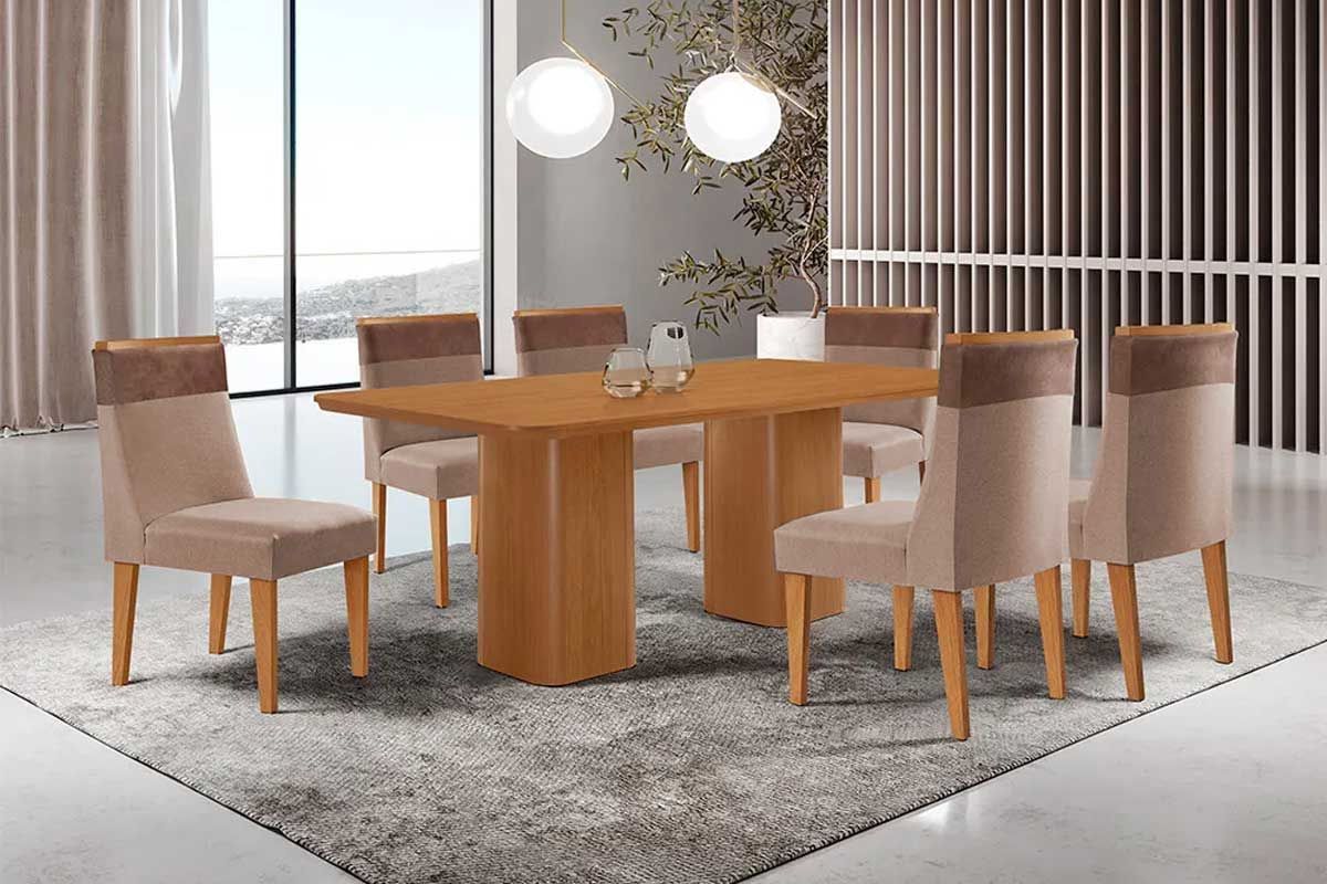 Sala Jantar Mesa Maldivas Tampo Curvo 180cm+6 Cadeiras Jaspe Madeira - Rufato