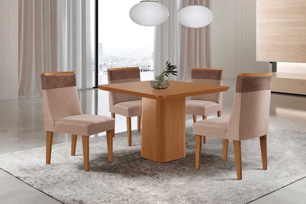 Sala Jantar Mesa Maldivas Tampo Curvo 90cm+4 Cadeiras Jaspe Madeira - Rufato