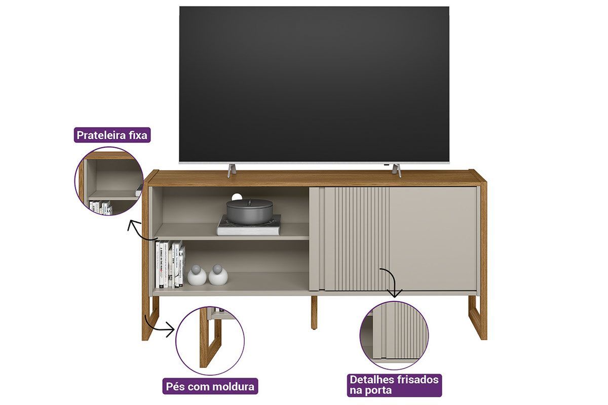 Rack Bancada p/ TV até 55 Pol Gold 1 Pta 1 Prat c/Pés 141x65cm Linea Brasil