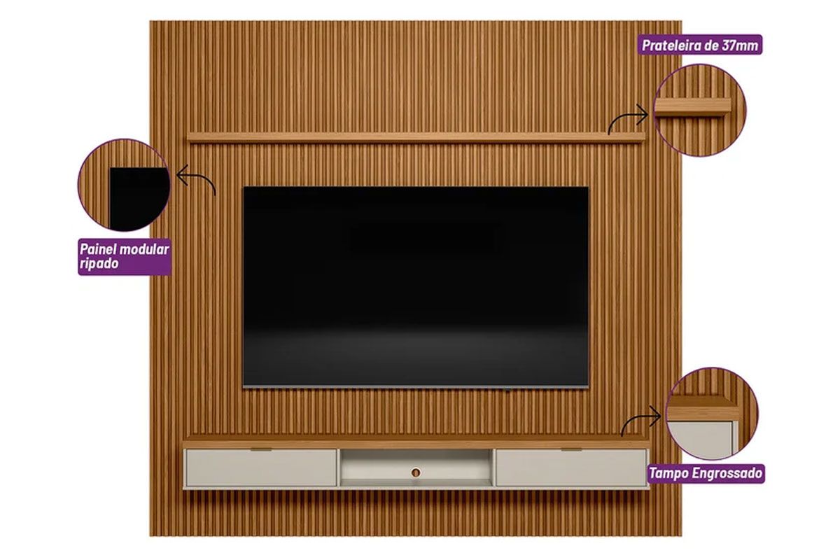 Home p/ TV até 90 Pol Modular 2.6 Ripado c/2 Portas 1 Pratel. 258x250cm Linea Brasil