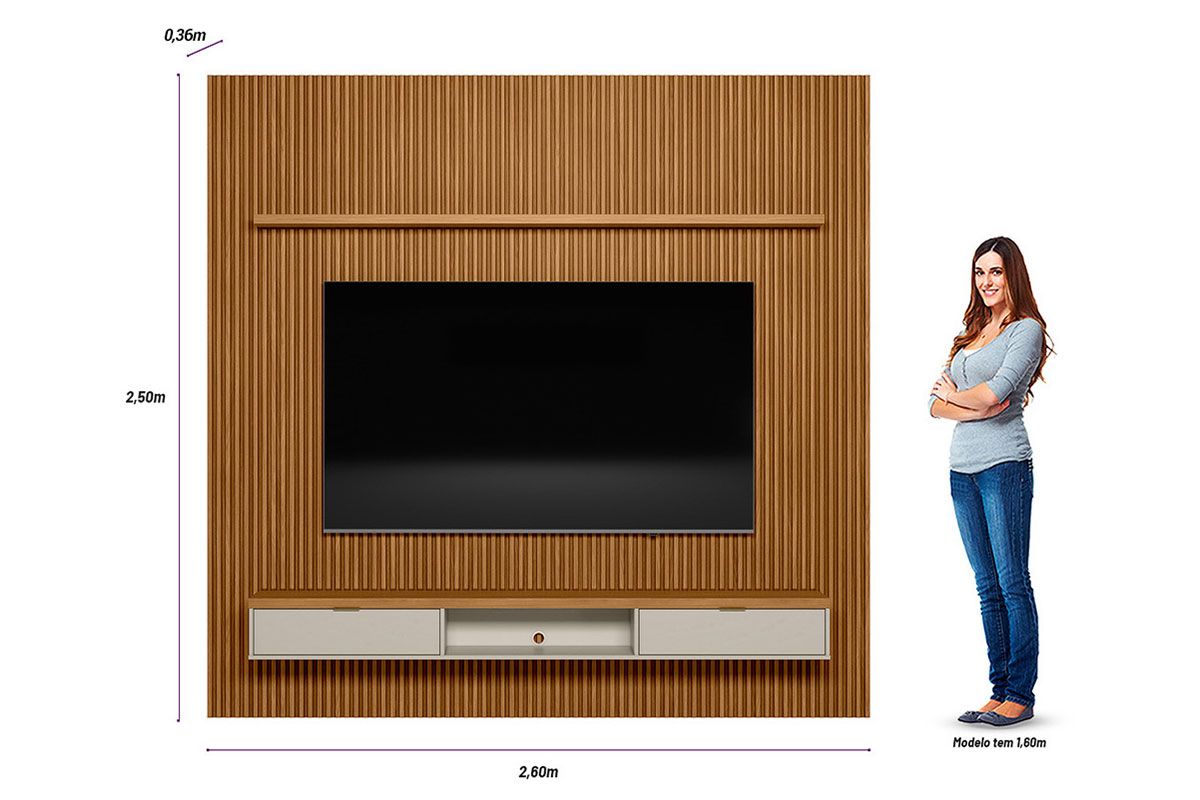 Home p/ TV até 90 Pol Modular 2.6 Ripado c/2 Portas 1 Pratel. 258x250cm Linea Brasil