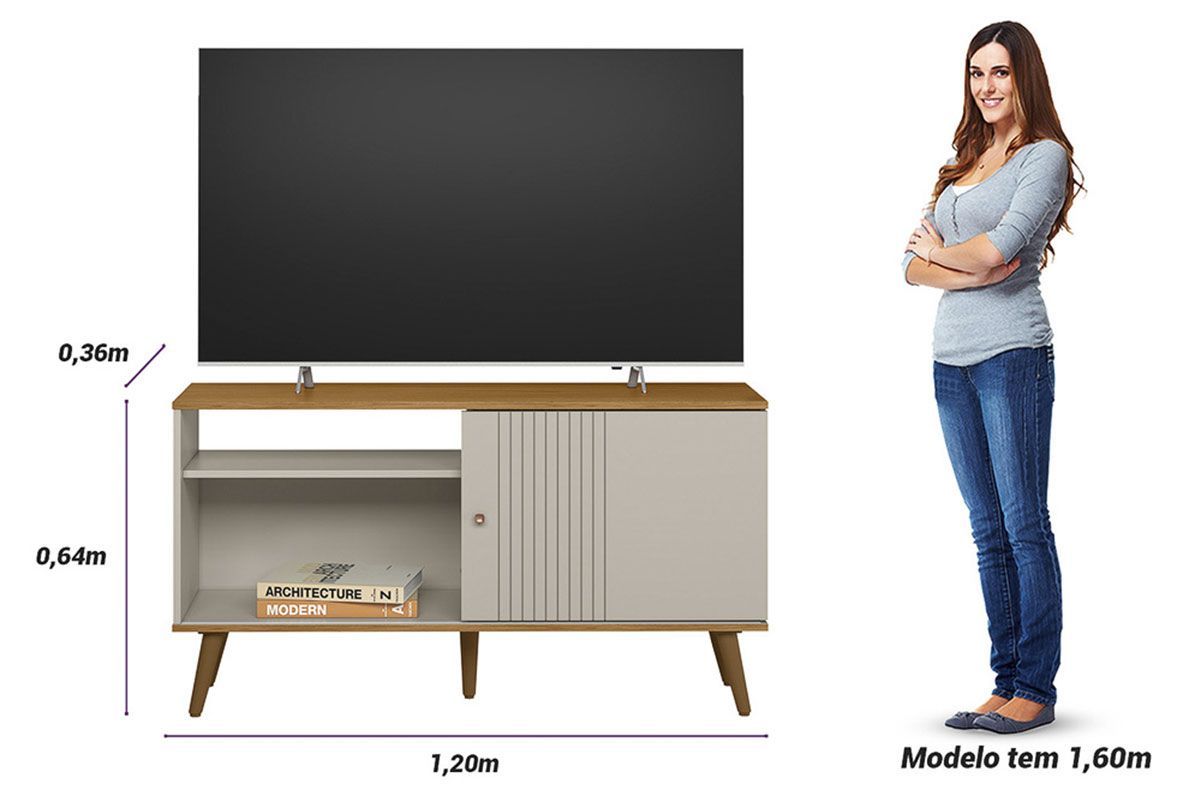 Rack Bancada p/ TV até 50 Pol Rubi 1 Pta 1 Prat c/Pés 120x64cm Linea Brasil