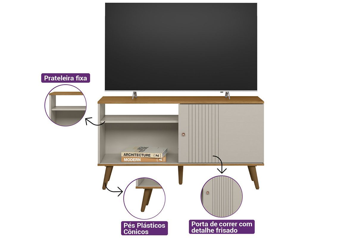 Rack Bancada p/ TV até 50 Pol Rubi 1 Pta 1 Prat c/Pés 120x64cm Linea Brasil