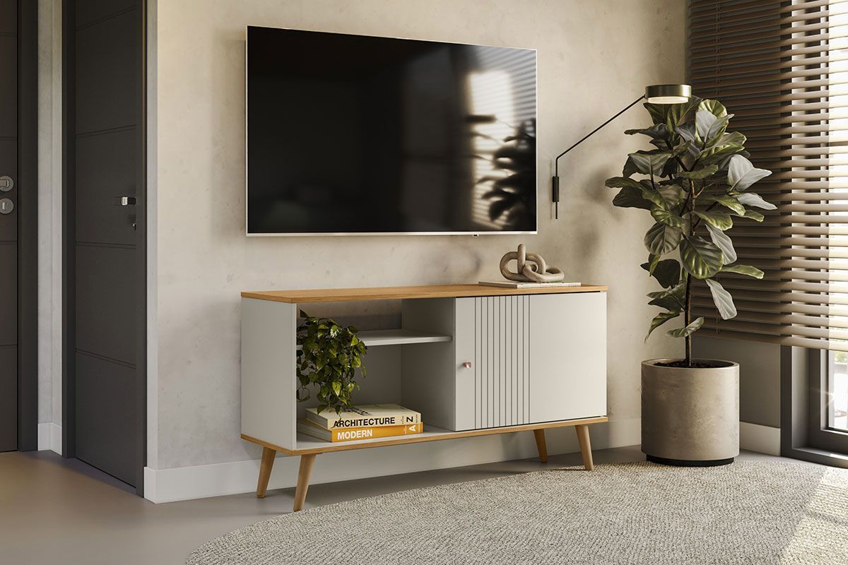 Rack Bancada p/ TV até 50 Pol Rubi 1 Pta 1 Prat c/Pés 120x64cm Linea Brasil
