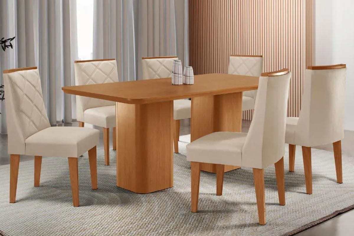 Sala Jantar Mesa Maldivas Tampo Curvo 180cm+6 Cadeiras Pietá Madeira - Rufato