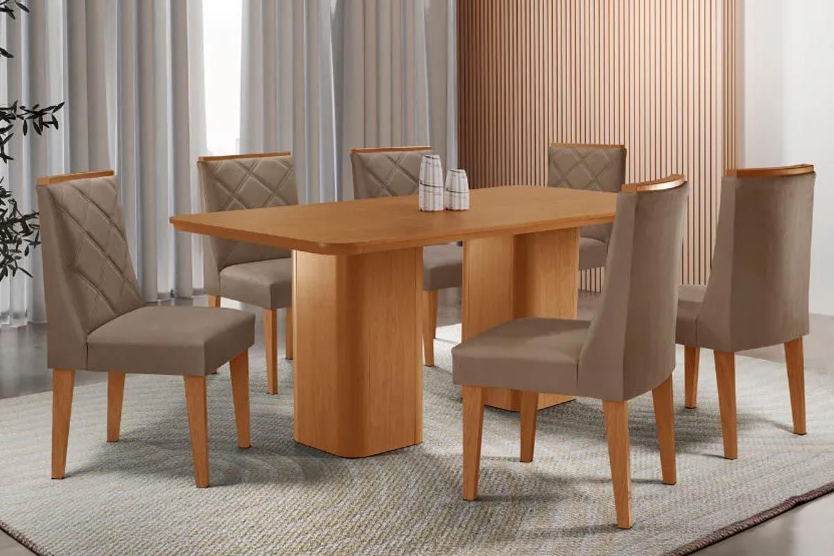 Sala Jantar Mesa Maldivas Tampo Curvo 180cm+6 Cadeiras Pietá Madeira - Rufato