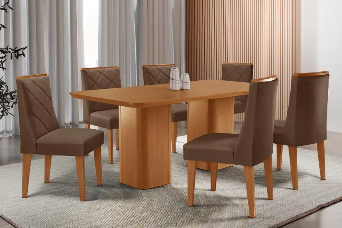 Sala Jantar Mesa Maldivas Tampo Curvo 180cm+6 Cadeiras Pietá Madeira - Rufato