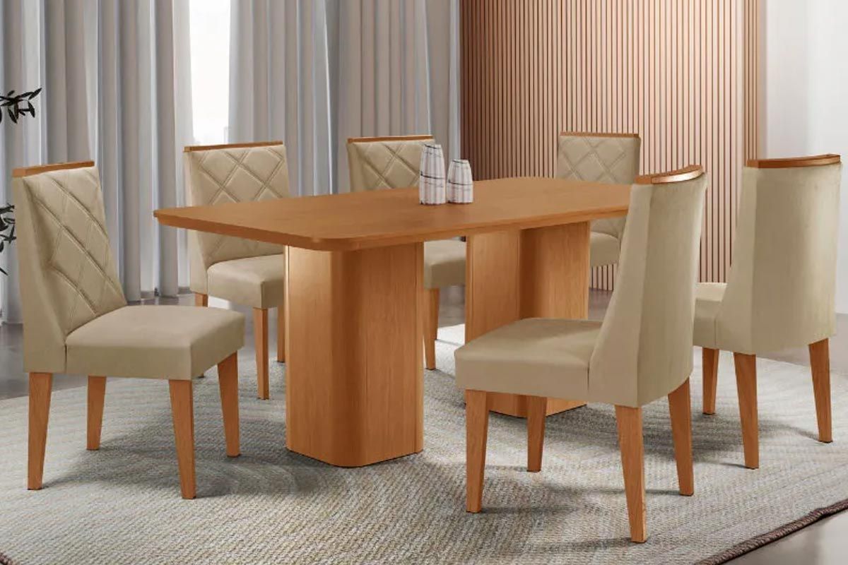 Sala Jantar Mesa Maldivas Tampo Curvo 180cm+6 Cadeiras Pietá Madeira - Rufato