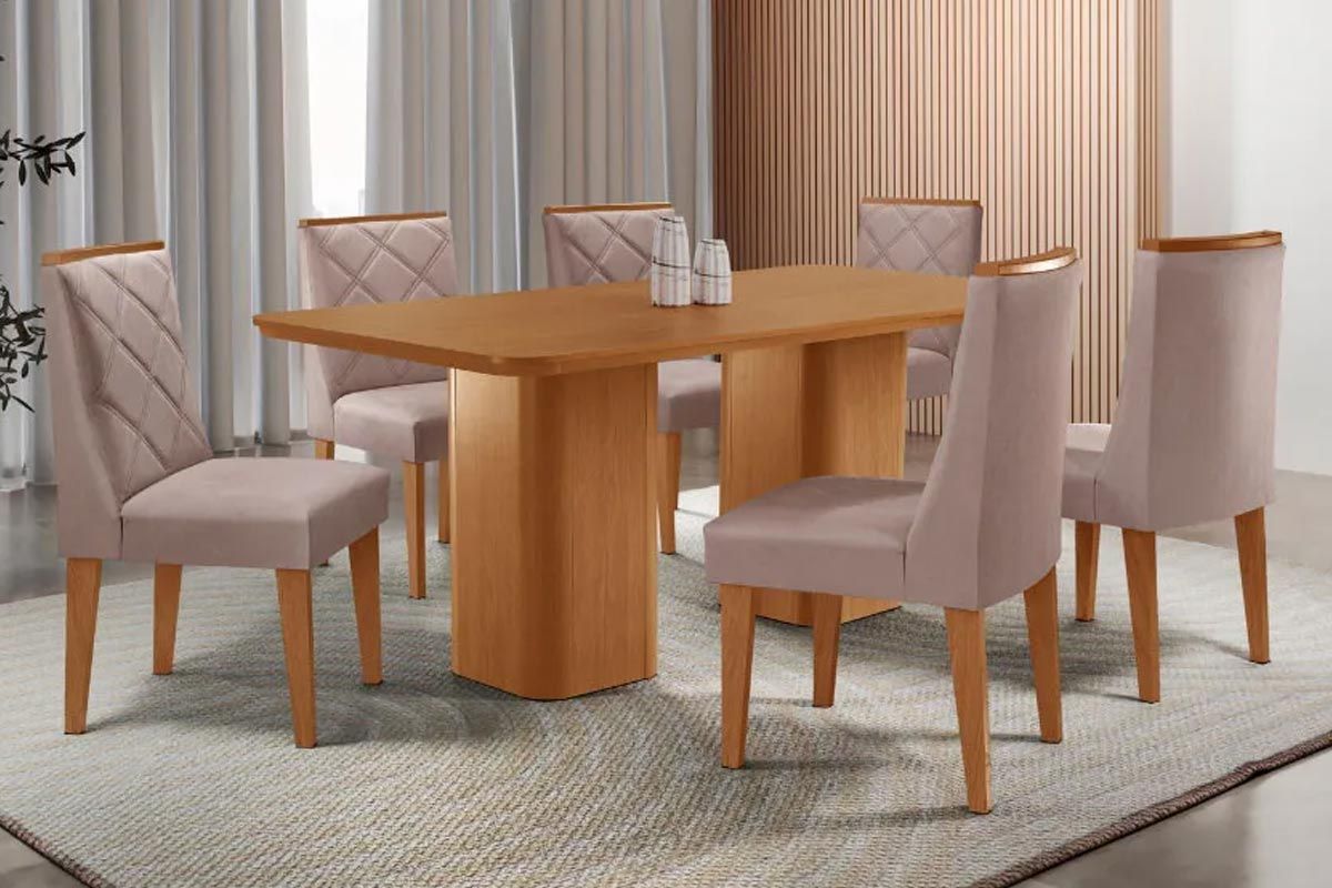Sala Jantar Mesa Maldivas Tampo Curvo 180cm+6 Cadeiras Pietá Madeira - Rufato