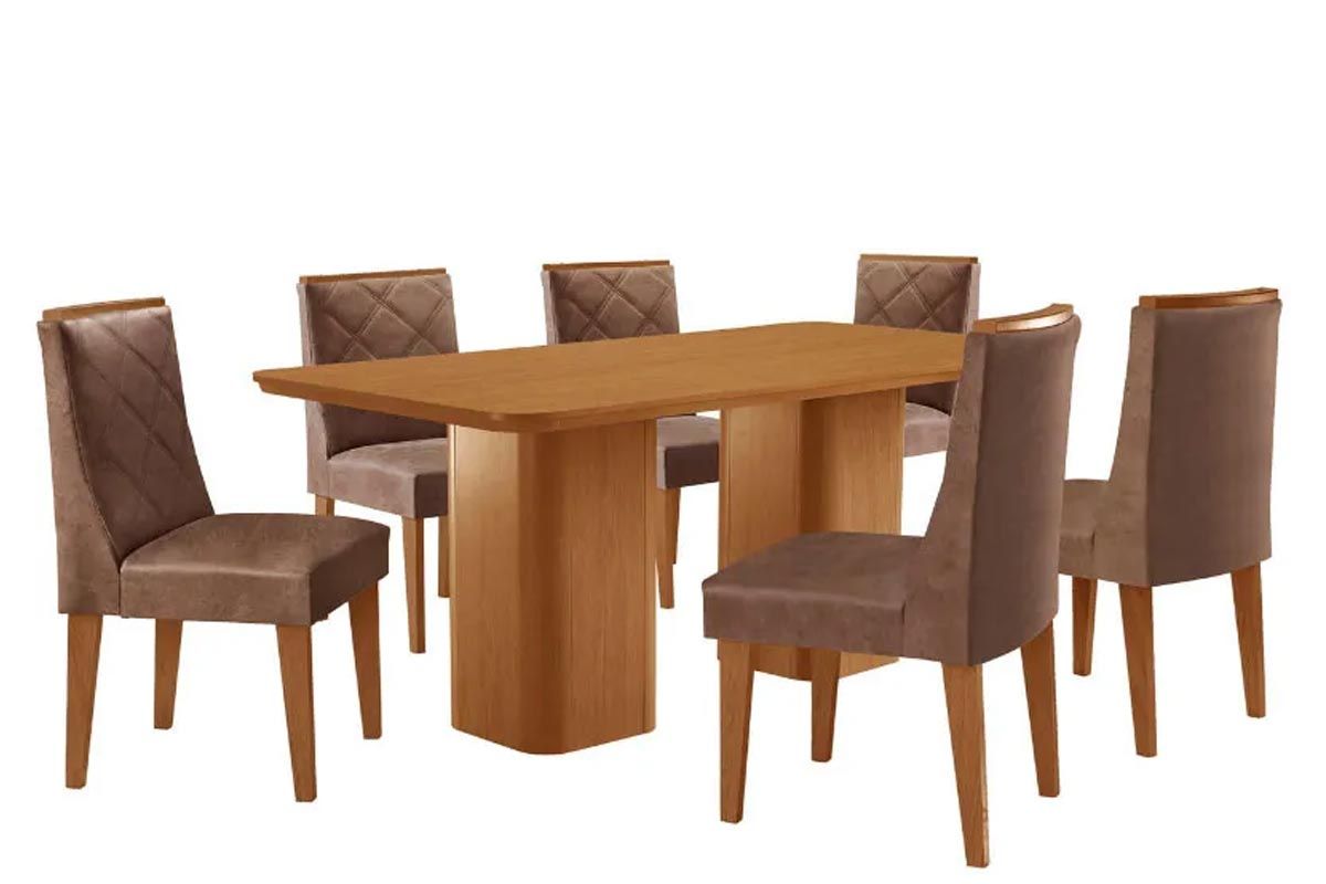 Sala Jantar Mesa Maldivas Tampo Curvo 180cm+6 Cadeiras Pietá Madeira - Rufato