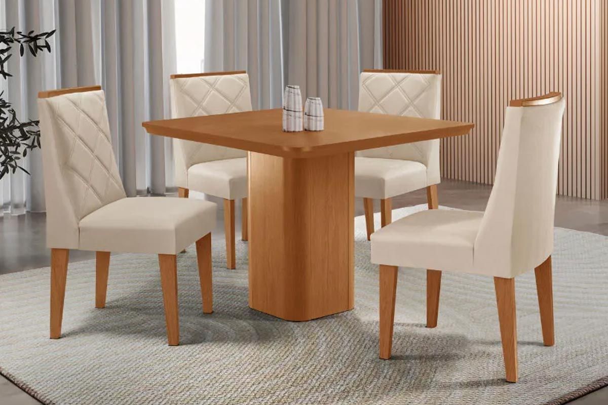 Sala Jantar Mesa Maldivas Tampo Curvo 90cm+4 Cadeiras Pietá Madeira - Rufato
