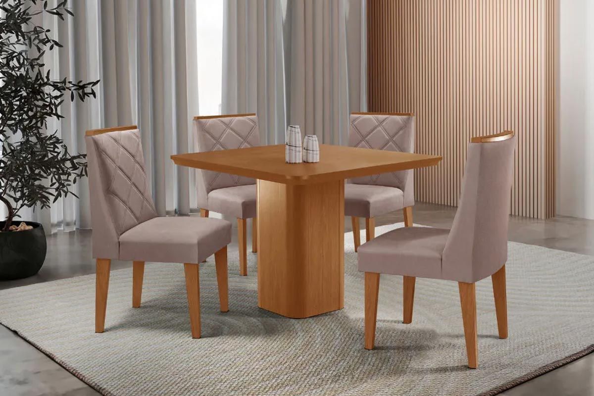Sala Jantar Mesa Maldivas Tampo Curvo 90cm+4 Cadeiras Pietá Madeira - Rufato