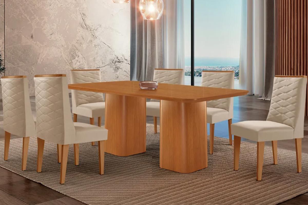 Sala Jantar Mesa Maldivas Tampo Curvo 180cm+6 Cadeiras Dafne Madeira - Rufato